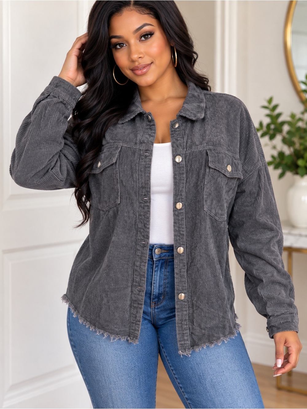 Women's Washed Charcoal Corduroy Jacket - Gray